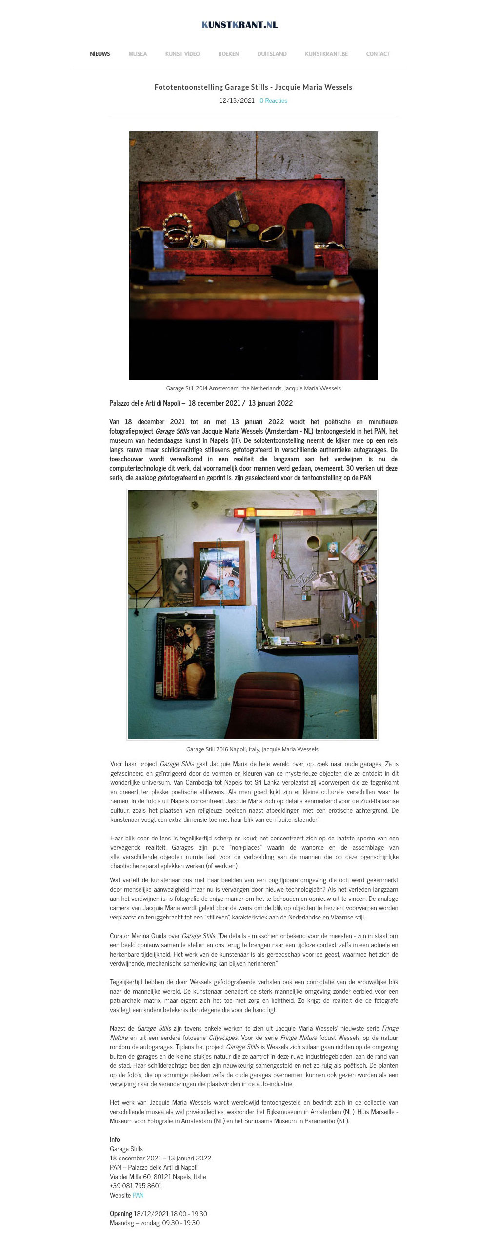 Kunstkrant exhibition Garage Stills Jacquie Maria Wessels PAN Napoli