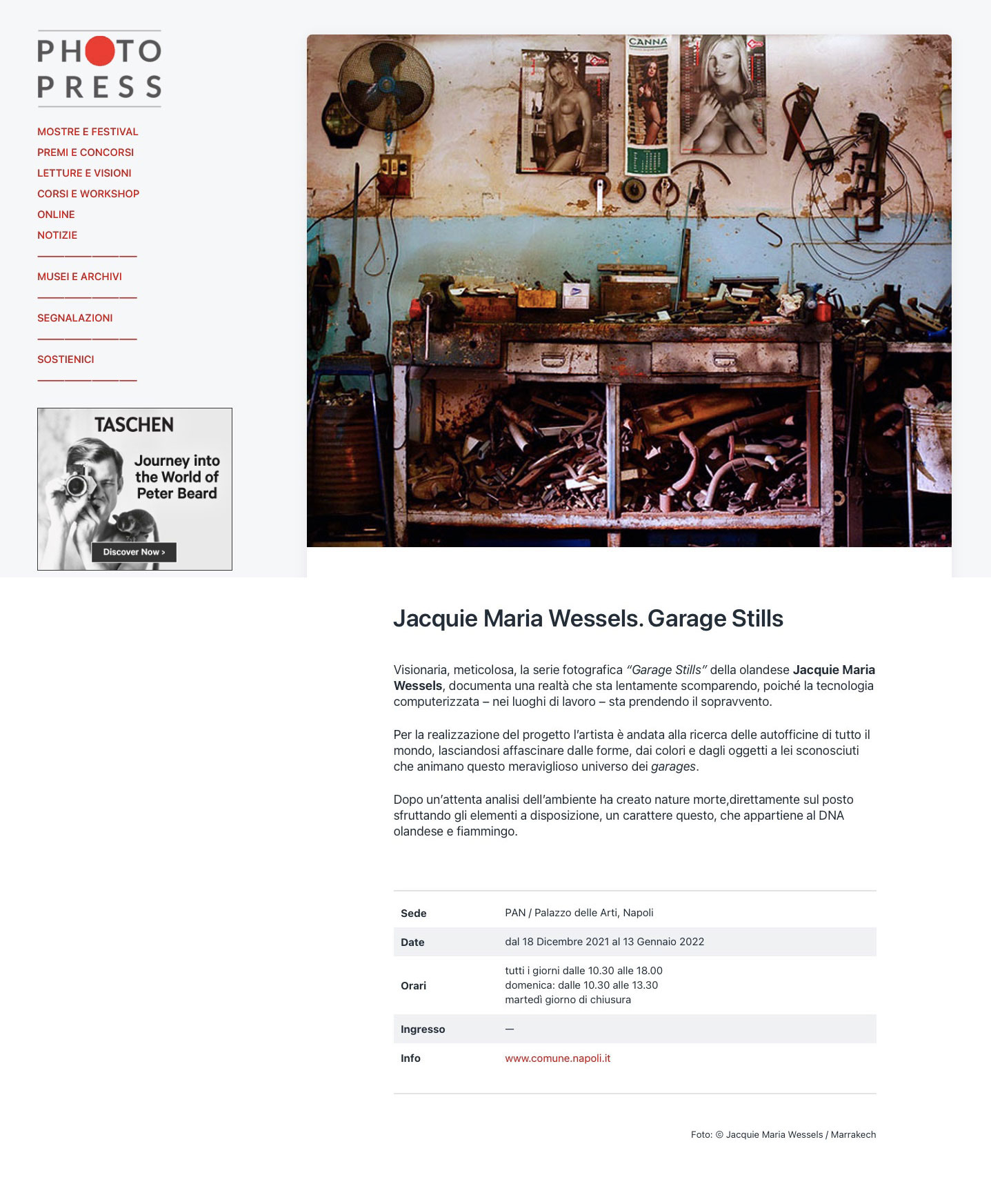 Photo Press exhibition Garage Stills Jacquie Maria Wessels PAN Napoli